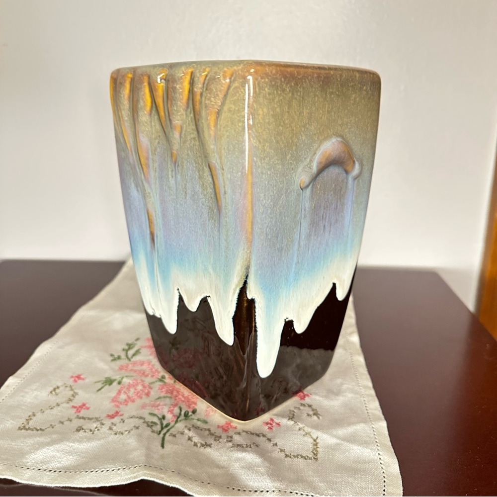 Vintage Ceramic Pottery Vase – Faux Handles & Drip Glaze – Square Opening